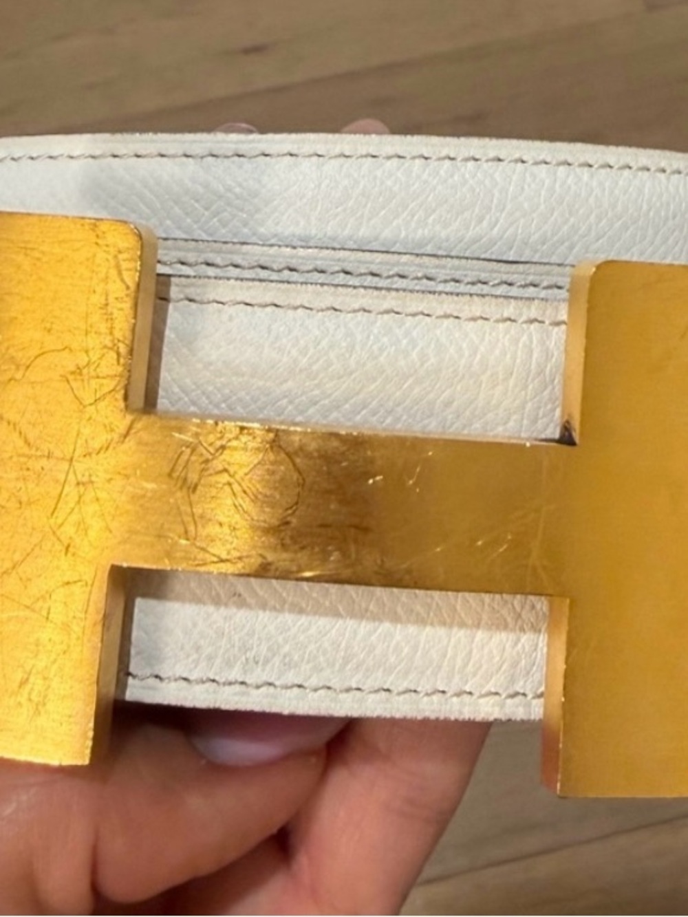 Hermes White Leather Belt with Gold H Buckle